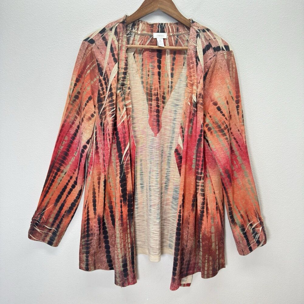 Chicos Cardigan Open Front Knit Size 2 Large Orange Tie-Dye Long Sleeve Funky